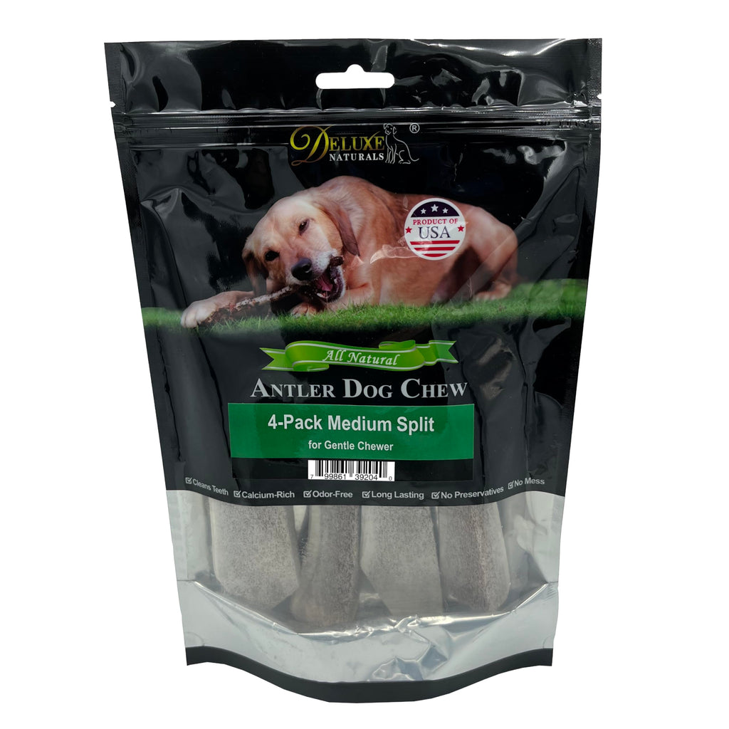 Deluxe Naturals Elk Antler Dog Chews | Medium Split, 4-Pack – USA-Sourced A-Grade Elk Antlers