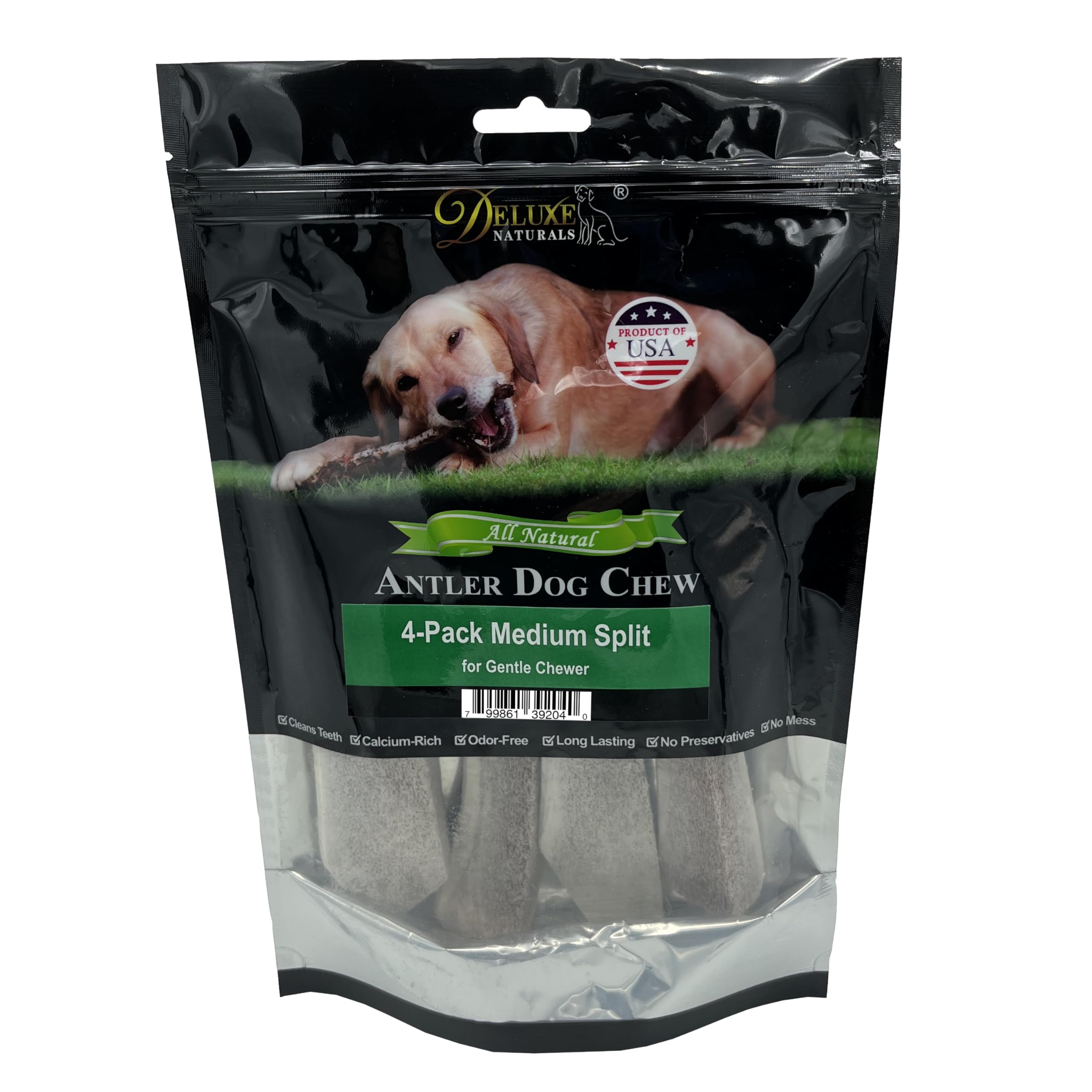 Deluxe Naturals Elk Antler Dog Chews | Medium Split, 4-Pack – USA-Sourced A-Grade Elk Antlers