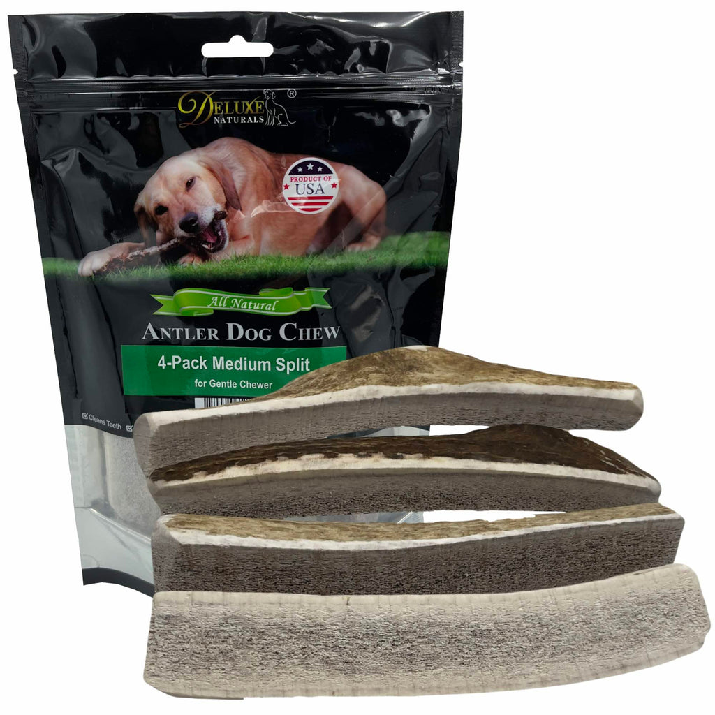Deluxe Naturals Elk Antler Dog Chews | Medium Split, 4-Pack – USA-Sourced A-Grade Elk Antlers