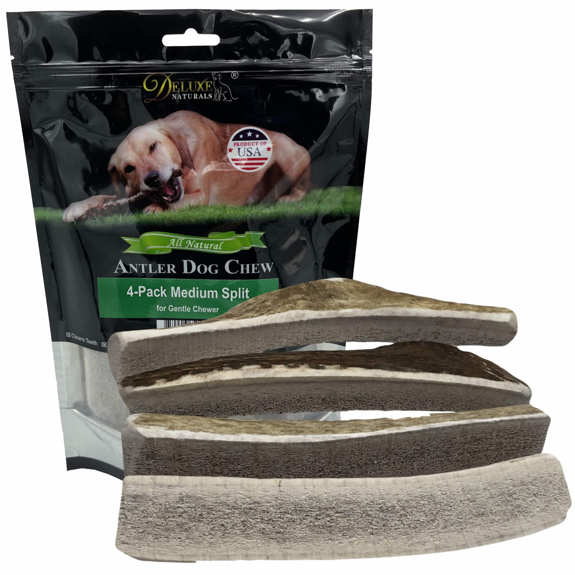 Deluxe Naturals Elk Antler Dog Chews | Medium Split, 4-Pack – USA-Sourced A-Grade Elk Antlers