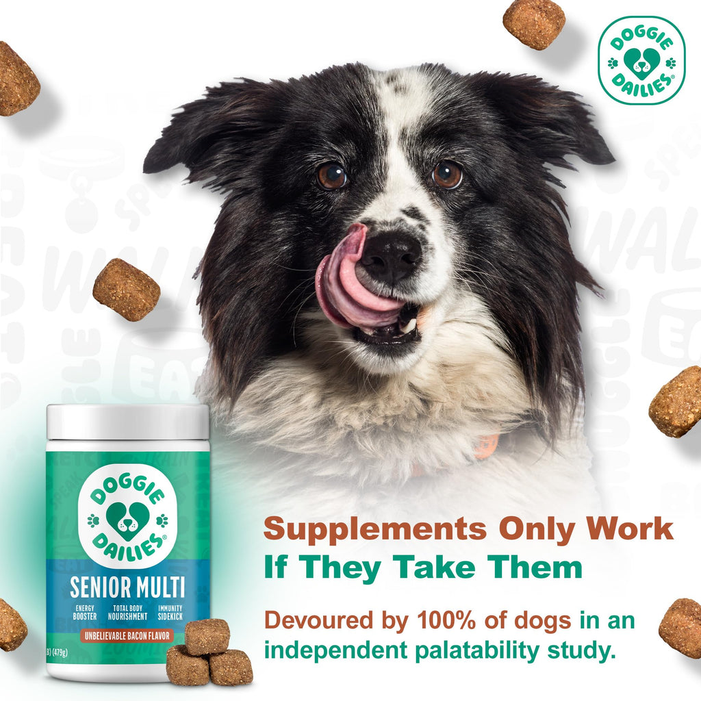 Doggie Dailies Senior Essentials Multivitamin for Dogs | Bacon Flavor Soft Chews | 120 Count