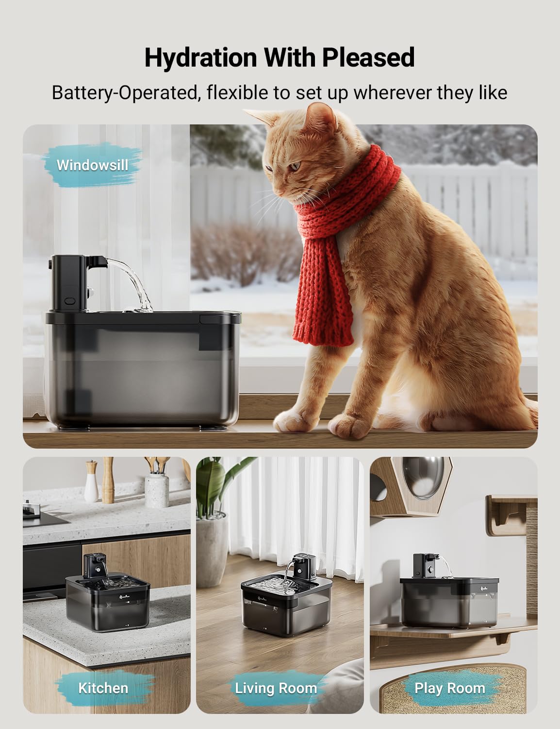 DownyPaws Battery Operated Cat Water Fountain – 84oz / 2.5L, Wireless, Motion Sensor, BPA-Free