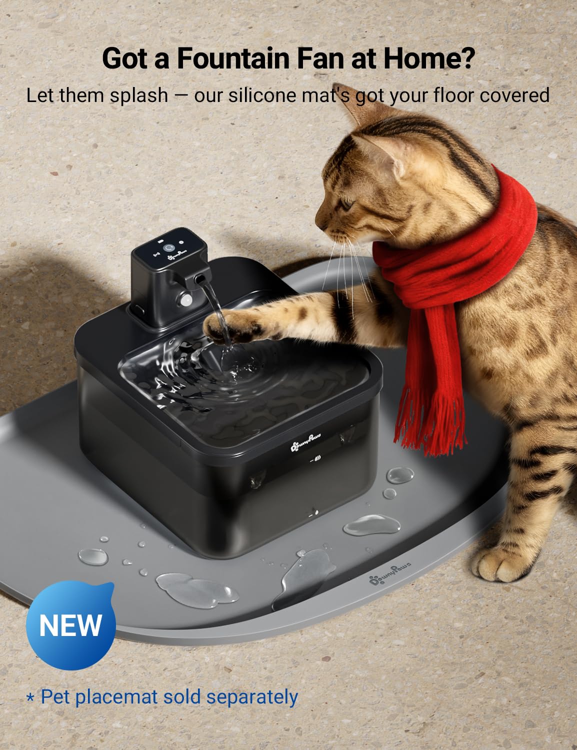 DownyPaws Battery Operated Cat Water Fountain – 84oz / 2.5L, Wireless, Motion Sensor, BPA-Free