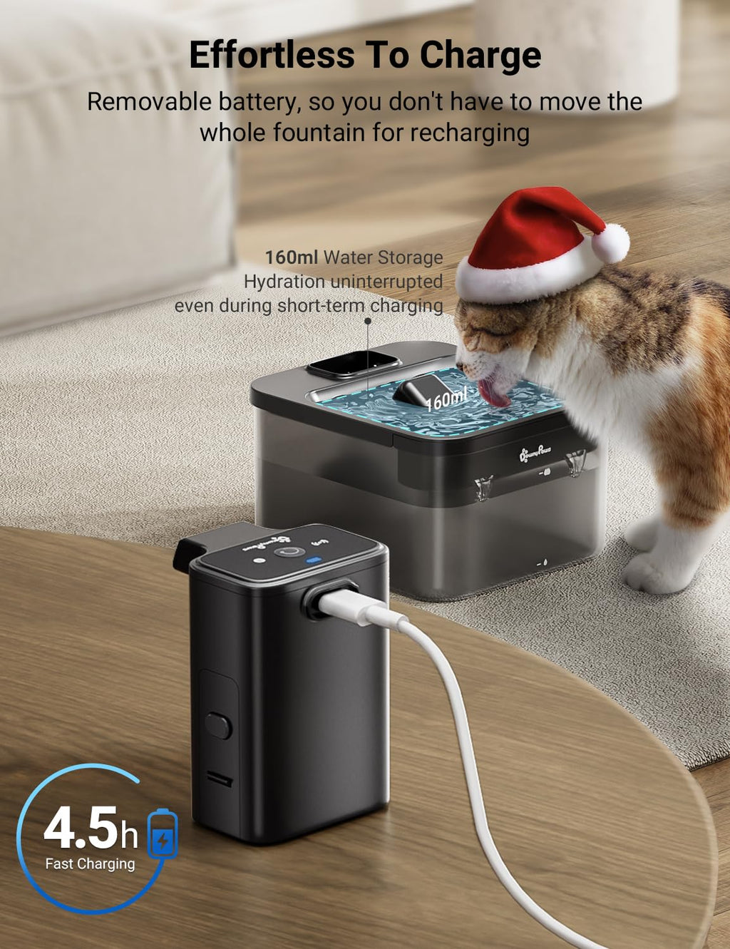 DownyPaws Battery Operated Cat Water Fountain – 84oz / 2.5L, Wireless, Motion Sensor, BPA-Free