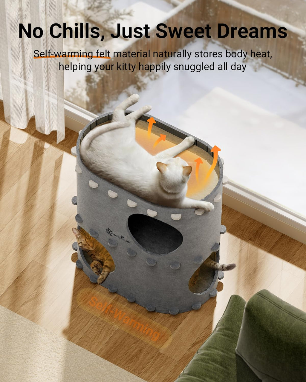 DownyPaws Castle Cat House for Indoor Cats – 2-Storey Felt Bed Cave (Light Gray) | Multicat, Scratch-Resistant