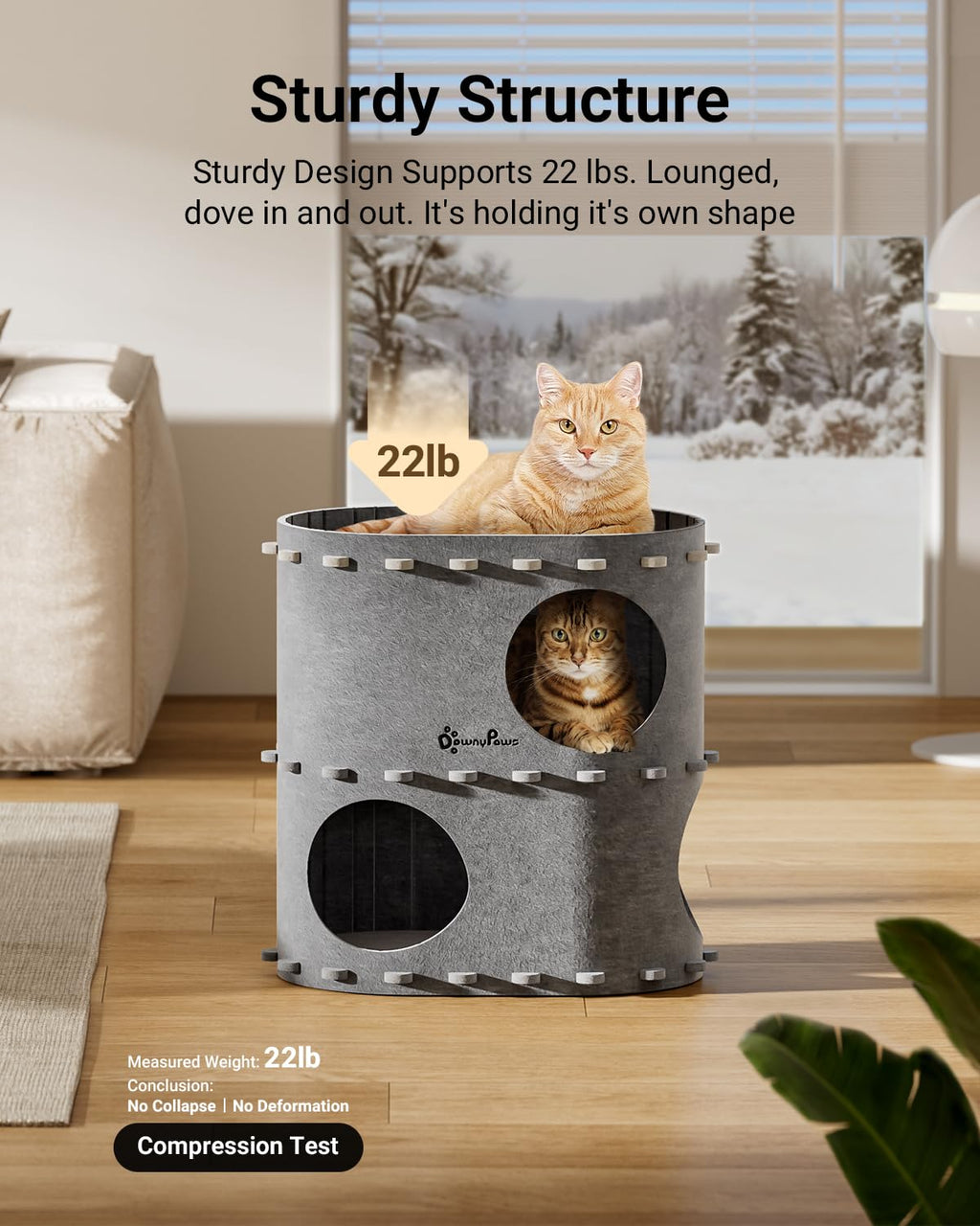 DownyPaws Castle Cat House for Indoor Cats – 2-Storey Felt Bed Cave (Light Gray) | Multicat, Scratch-Resistant