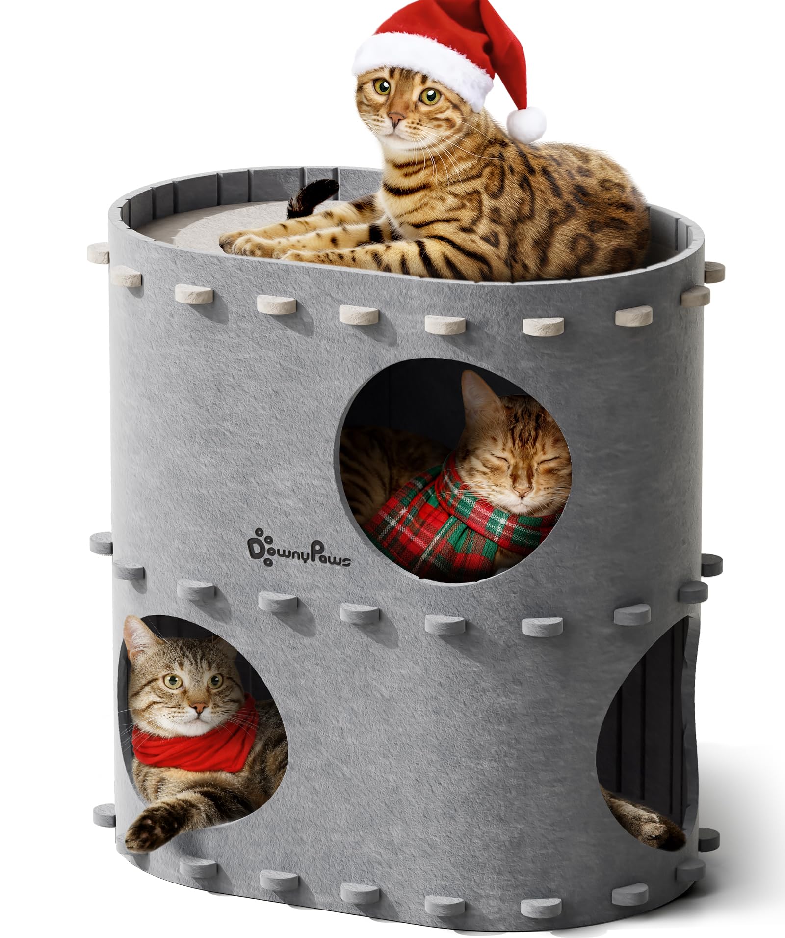 DownyPaws Castle Cat House for Indoor Cats – 2-Storey Felt Bed Cave (Light Gray) | Multicat, Scratch-Resistant