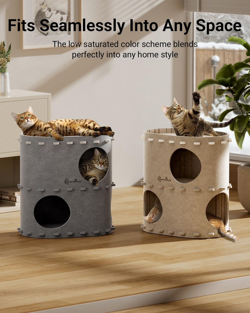 DownyPaws Castle Cat House for Indoor Cats – 2-Storey Felt Bed Cave (Light Gray) | Multicat, Scratch-Resistant