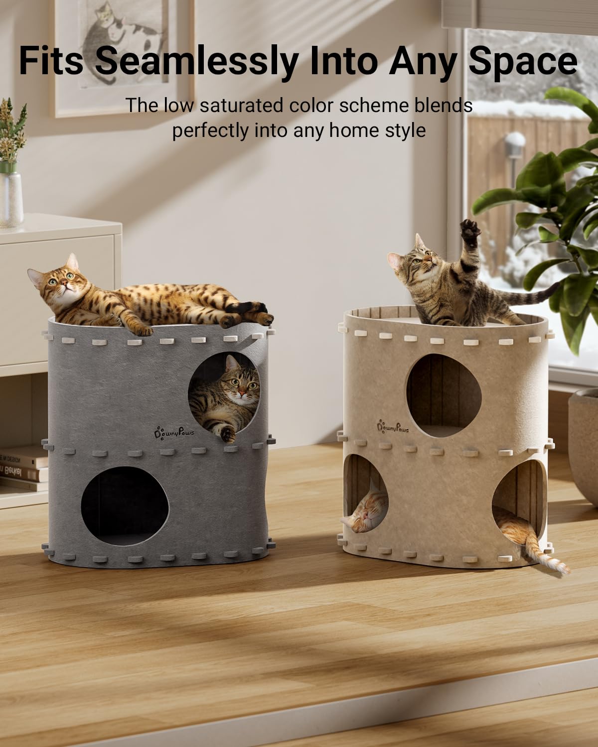DownyPaws Castle Cat House for Indoor Cats – 2-Storey Felt Bed Cave (Light Gray) | Multicat, Scratch-Resistant