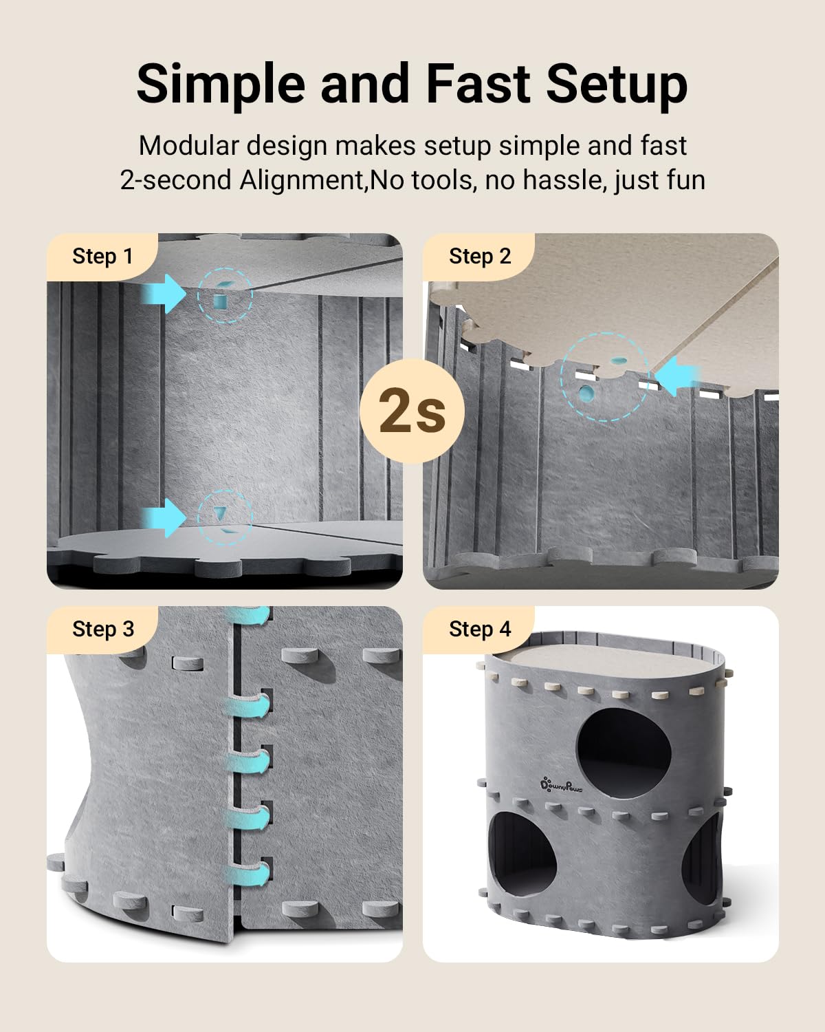 DownyPaws Castle Cat House for Indoor Cats – 2-Storey Felt Bed Cave (Light Gray) | Multicat, Scratch-Resistant