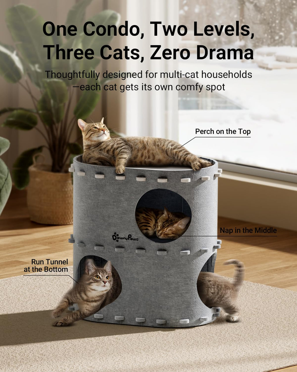 DownyPaws Castle Cat House for Indoor Cats – 2-Storey Felt Bed Cave (Light Gray) | Multicat, Scratch-Resistant