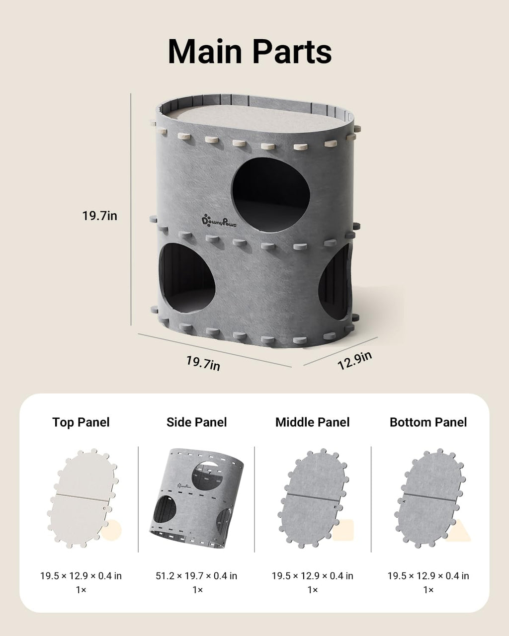 DownyPaws Castle Cat House for Indoor Cats – 2-Storey Felt Bed Cave (Light Gray) | Multicat, Scratch-Resistant
