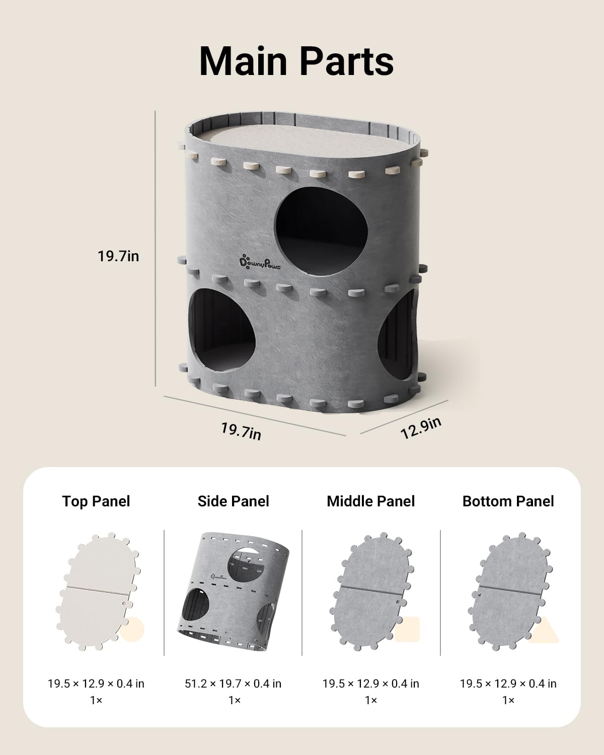 DownyPaws Castle Cat House for Indoor Cats – 2-Storey Felt Bed Cave (Light Gray) | Multicat, Scratch-Resistant