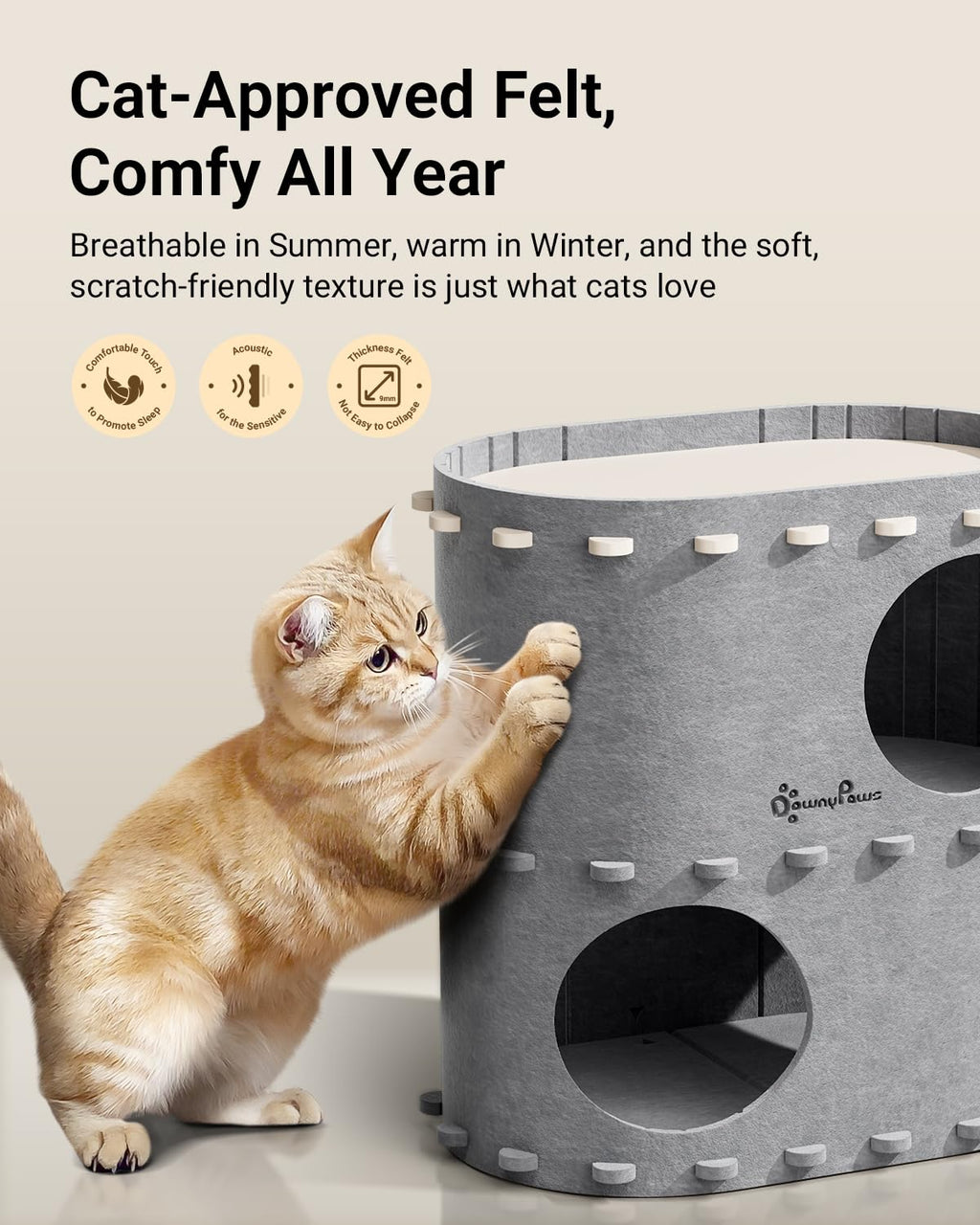 DownyPaws Castle Cat House for Indoor Cats – 2-Storey Felt Bed Cave (Light Gray) | Multicat, Scratch-Resistant