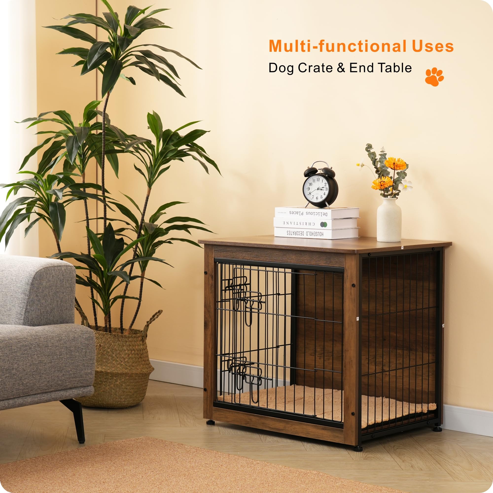DWANTON Dog Crate Furniture with Cushion – Wooden Kennel Table with Double Doors, Indoor Dog House, 27.2in L, Warm Brown