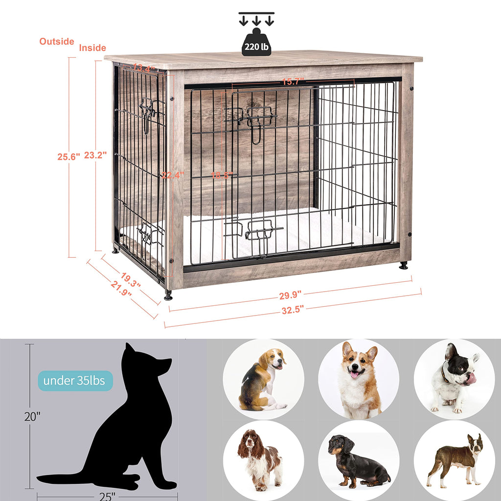 DWANTON Dog Crate Furniture with Cushion | Wooden Kennel Table with Double Doors, Greige, 32.5" L, Medium