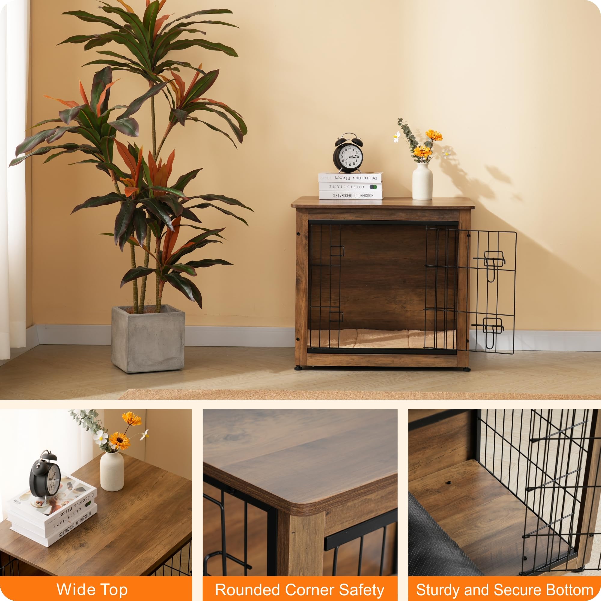 DWANTON Dog Crate Furniture with Cushion – Wooden Kennel Table with Double Doors, Indoor Dog House, 27.2in L, Warm Brown