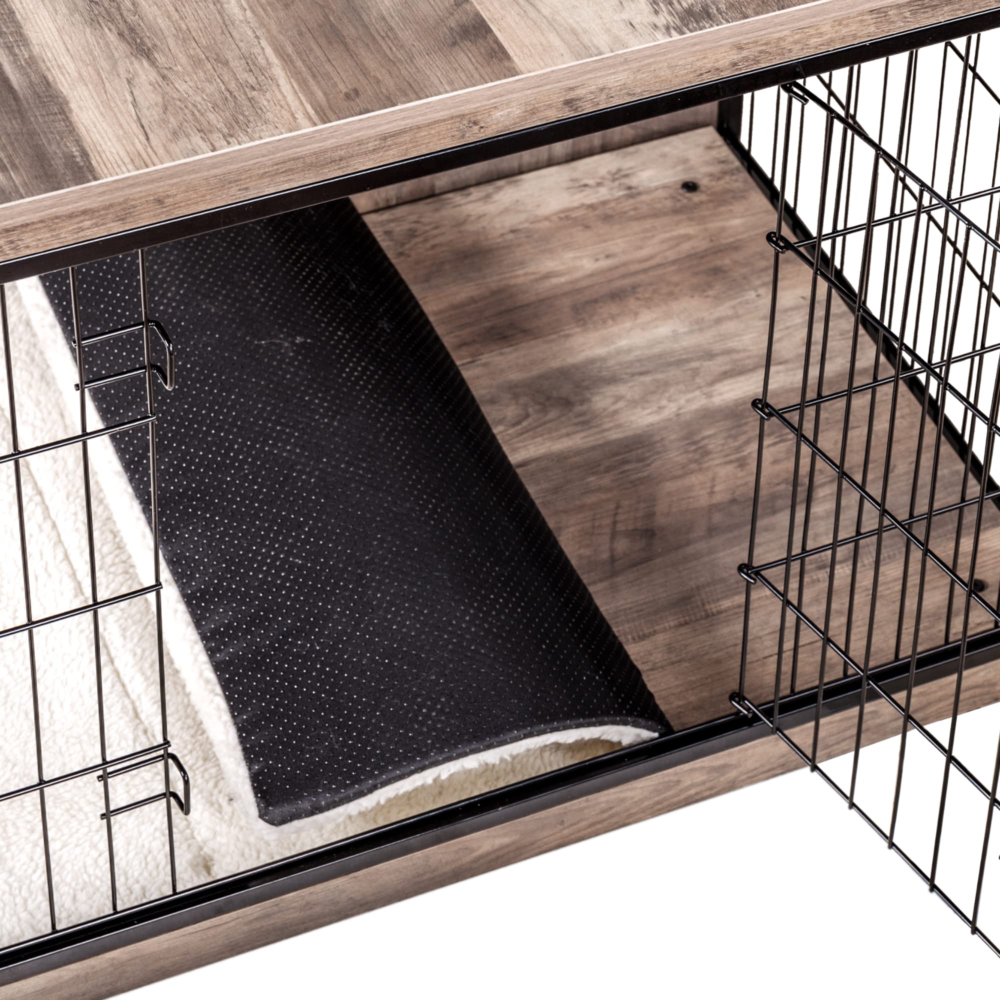 DWANTON Dog Crate Furniture with Cushion | Wooden Kennel Table with Double Doors, Greige, 32.5" L, Medium