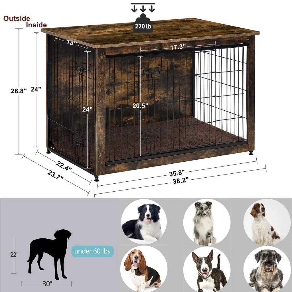 DWANTON Dog Crate Furniture with Cushion — 38.5-inch Wooden Kennel Table (Rustic Brown)