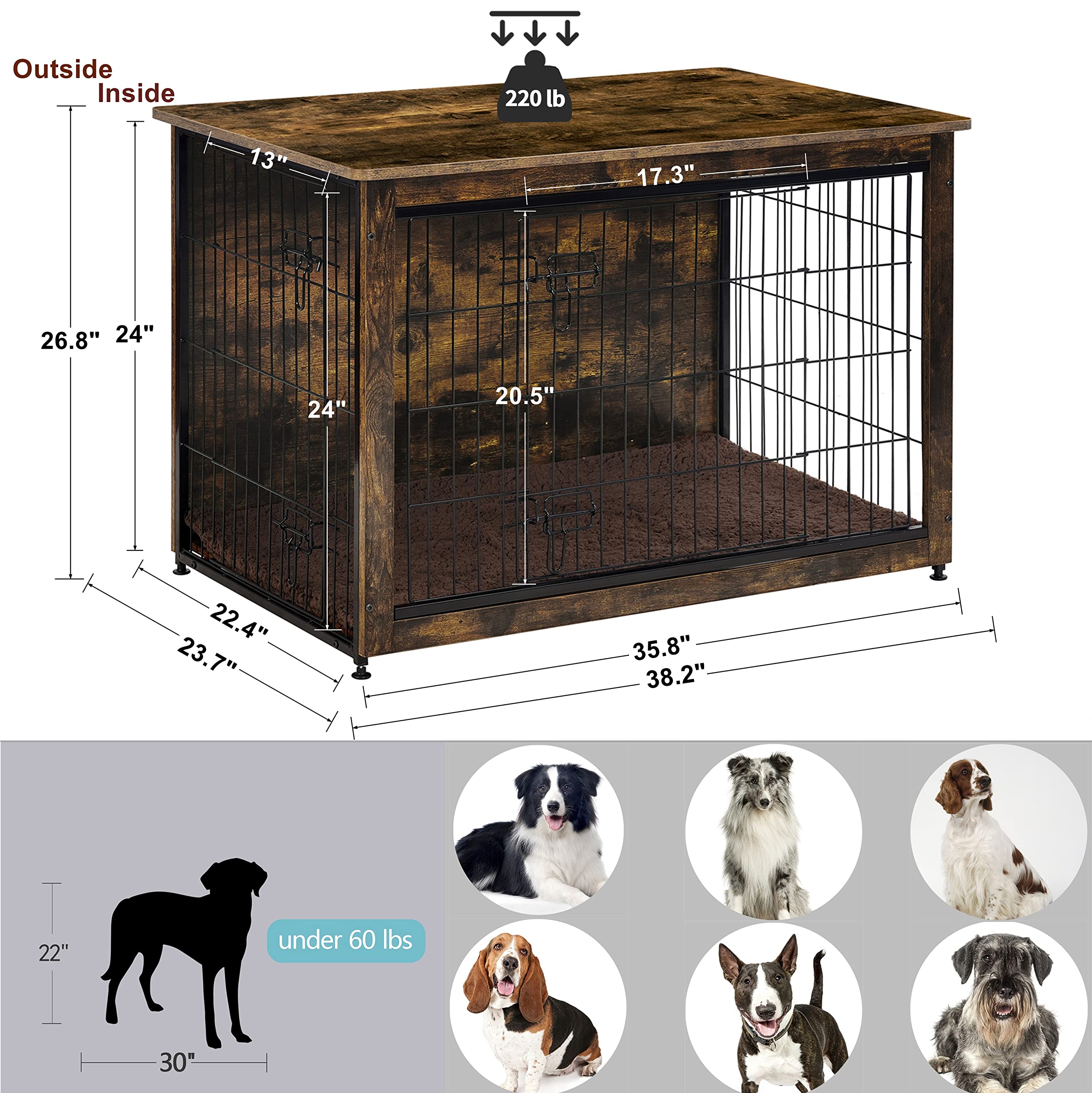 DWANTON Dog Crate Furniture with Cushion — 38.5-inch Wooden Kennel Table (Rustic Brown)