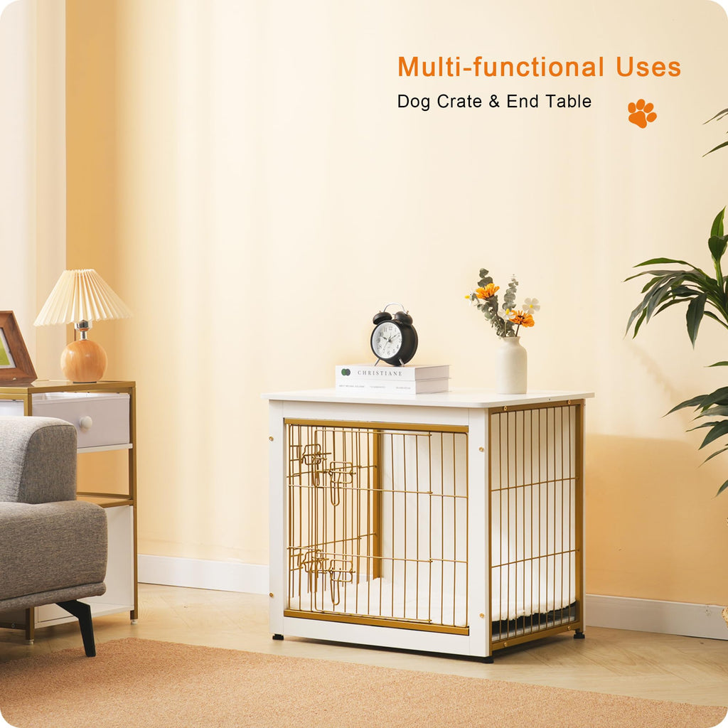 Dwanton Dog Crate Furniture with Cushion — White Wooden Kennel Table, Double Doors, 27.2-inch L