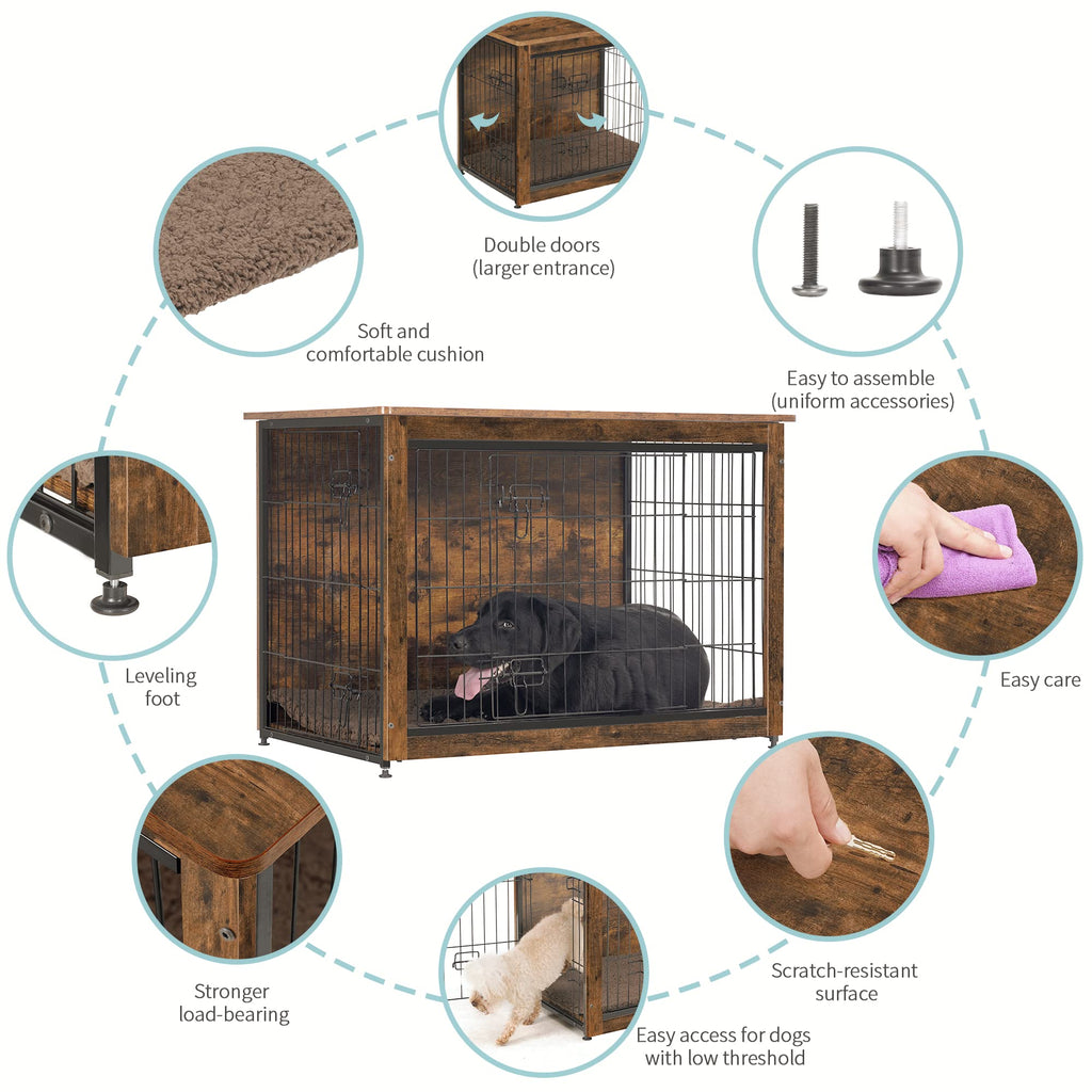 DWANTON Dog Crate Furniture with Cushion — 38.5-inch Wooden Kennel Table (Rustic Brown)