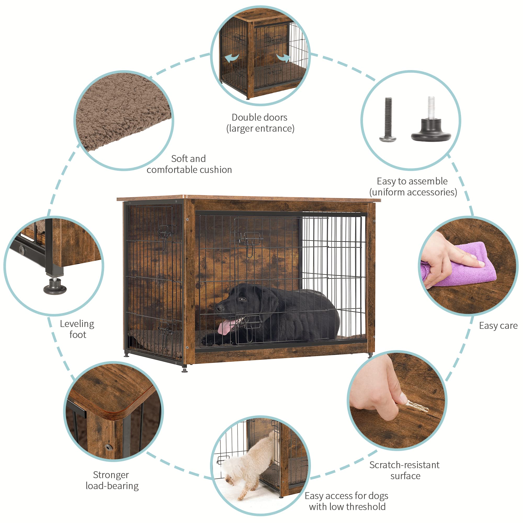 DWANTON Dog Crate Furniture with Cushion — 38.5-inch Wooden Kennel Table (Rustic Brown)