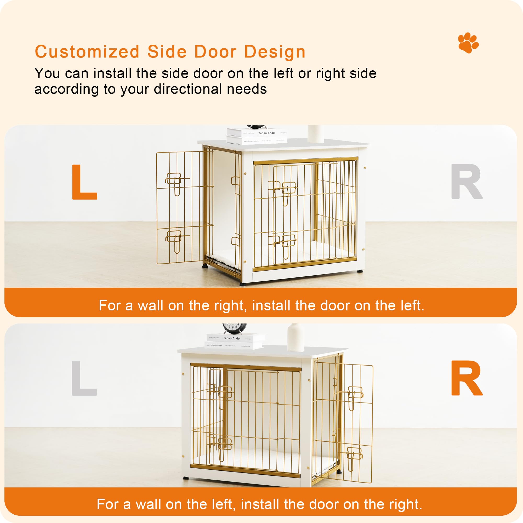 Dwanton Dog Crate Furniture with Cushion — White Wooden Kennel Table, Double Doors, 27.2-inch L