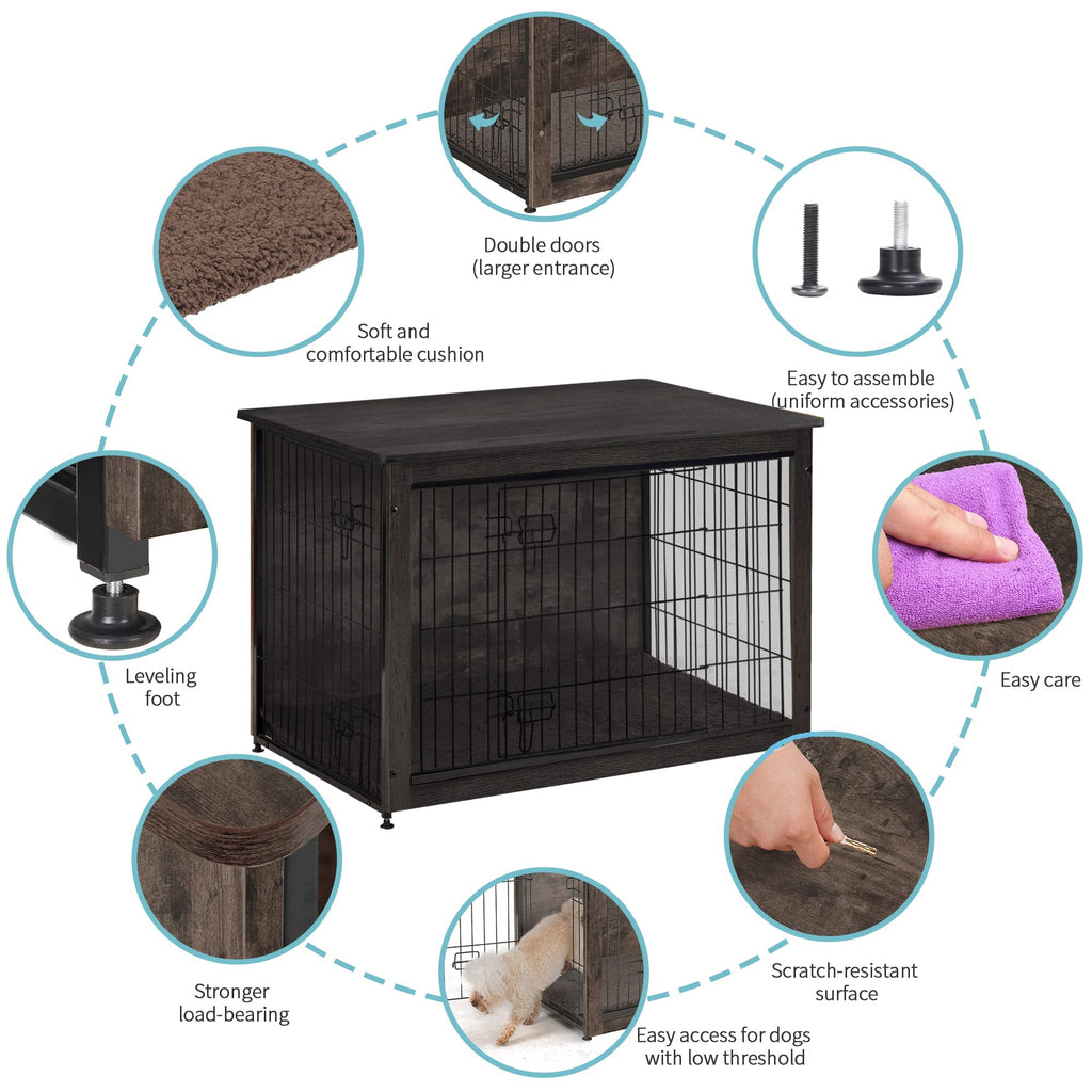 Dwanton Dog Crate Furniture with Cushion — Large 38.5" L Wooden Kennel Table with Double Doors