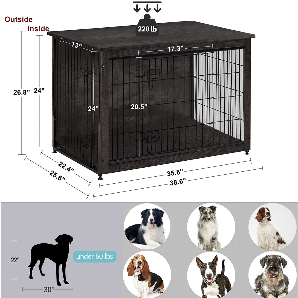 Dwanton Dog Crate Furniture with Cushion — Large 38.5" L Wooden Kennel Table with Double Doors
