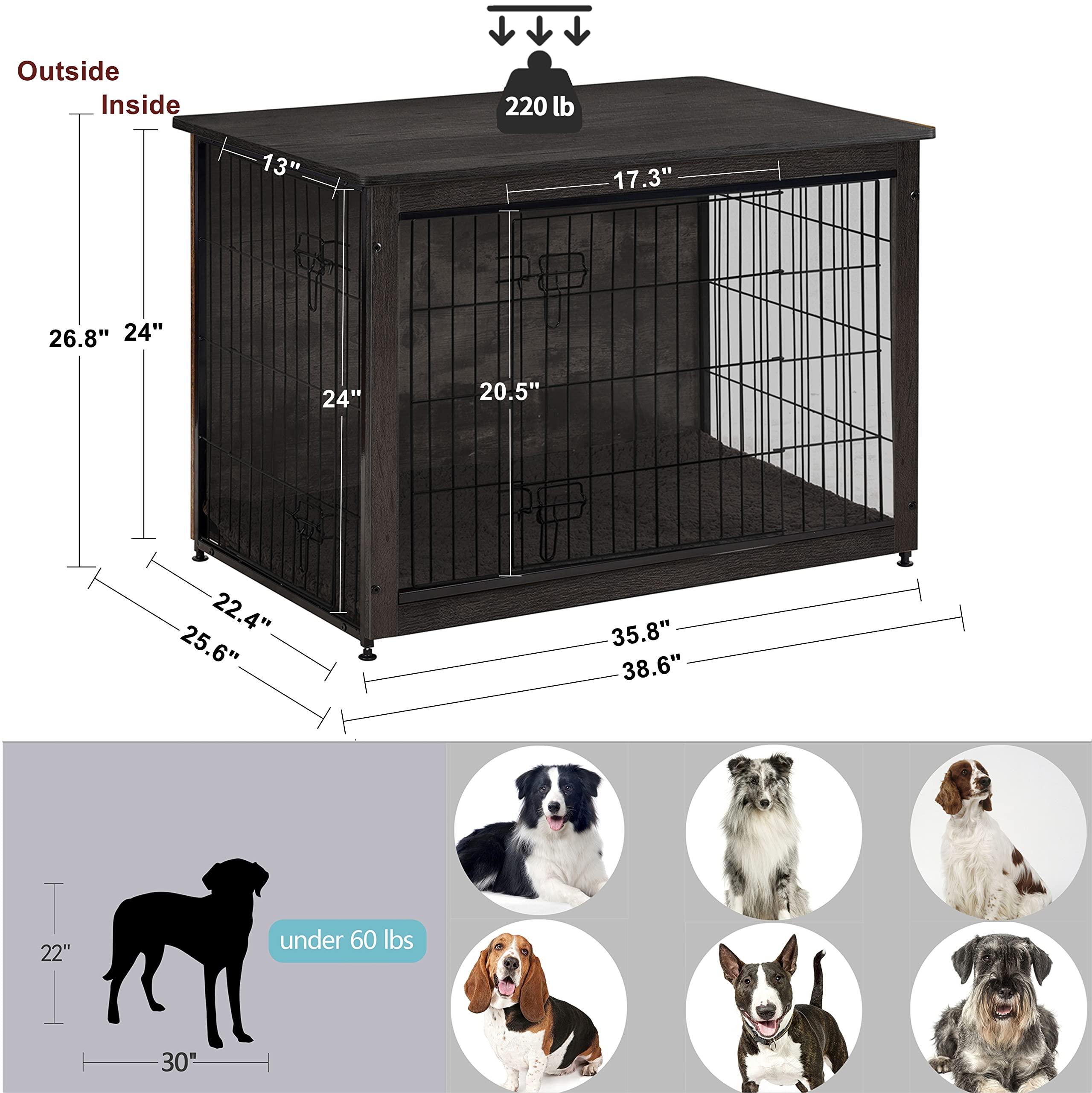 Dwanton Dog Crate Furniture with Cushion — Large 38.5" L Wooden Kennel Table with Double Doors