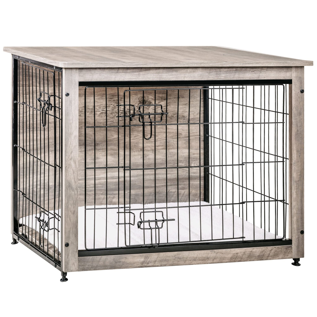 DWANTON Dog Crate Furniture with Cushion | Wooden Kennel Table with Double Doors, Greige, 32.5" L, Medium