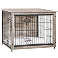 DWANTON Dog Crate Furniture with Cushion | Wooden Kennel Table with Double Doors, Greige, 32.5" L, Medium