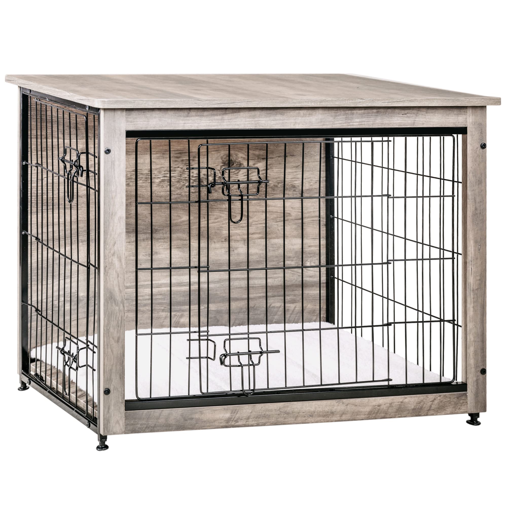 DWANTON Dog Crate Furniture with Cushion | Wooden Kennel Table with Double Doors, Greige, 32.5" L, Medium