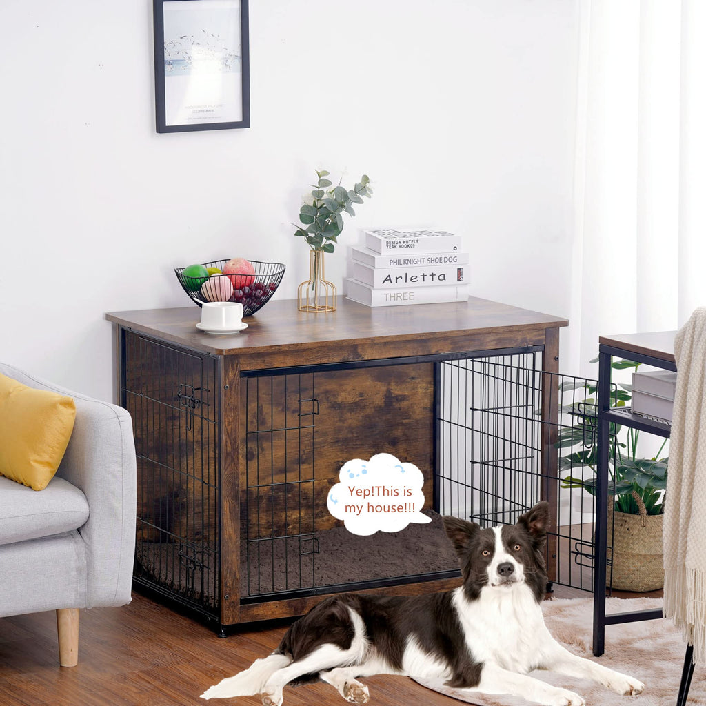 DWANTON Dog Crate Furniture with Cushion — 38.5-inch Wooden Kennel Table (Rustic Brown)