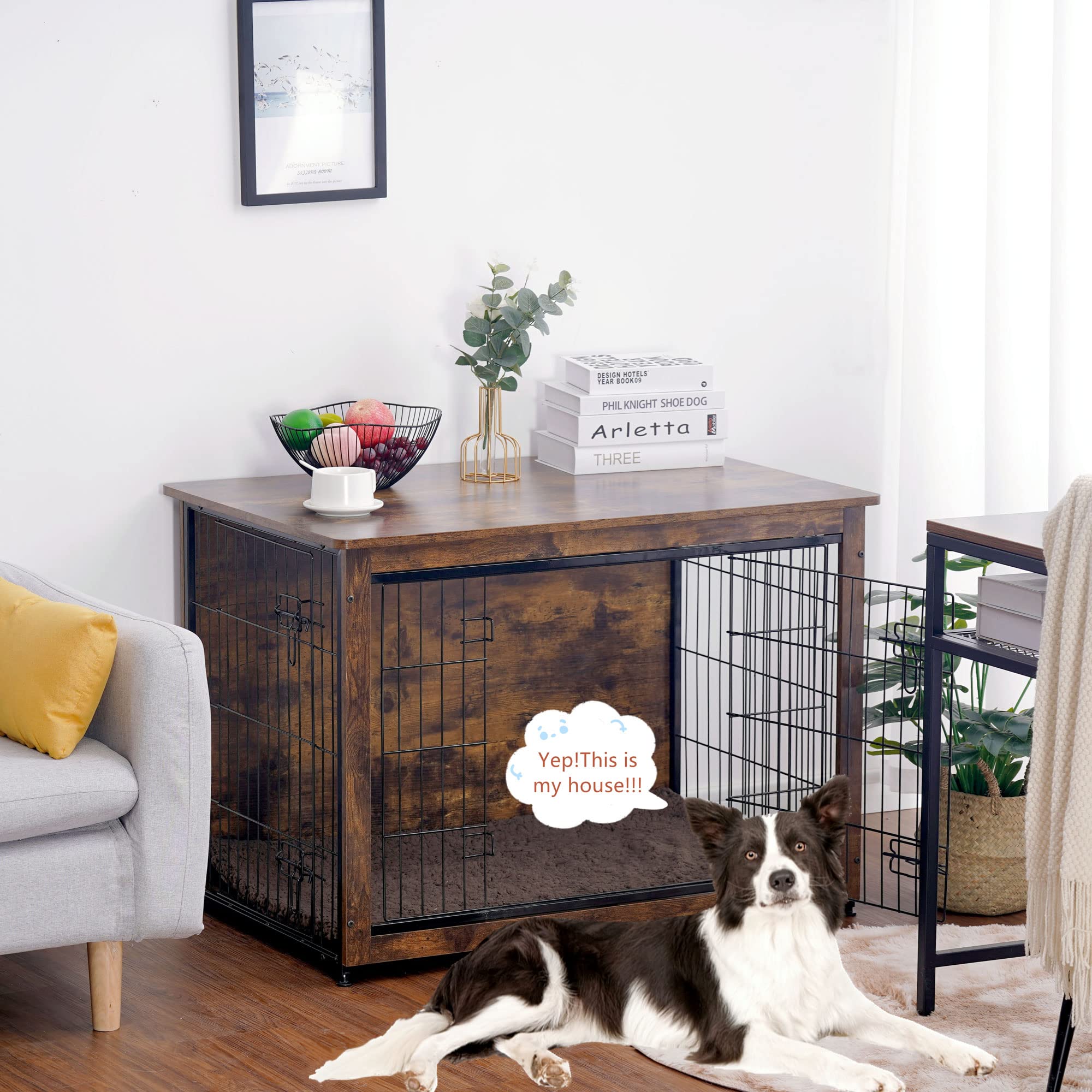 DWANTON Dog Crate Furniture with Cushion — 38.5-inch Wooden Kennel Table (Rustic Brown)