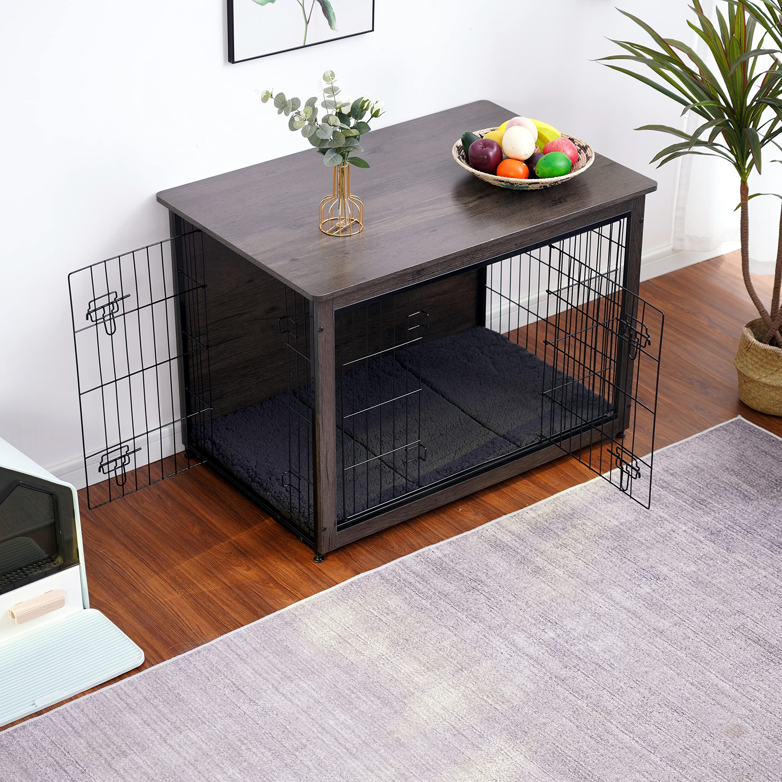 Dwanton Dog Crate Furniture with Cushion — Large 38.5" L Wooden Kennel Table with Double Doors