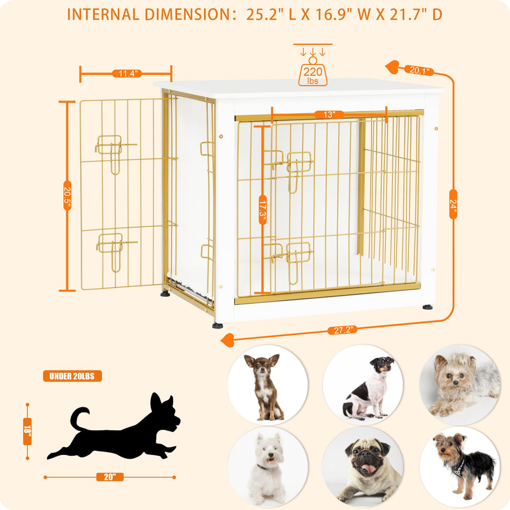 Dwanton Dog Crate Furniture with Cushion — White Wooden Kennel Table, Double Doors, 27.2-inch L