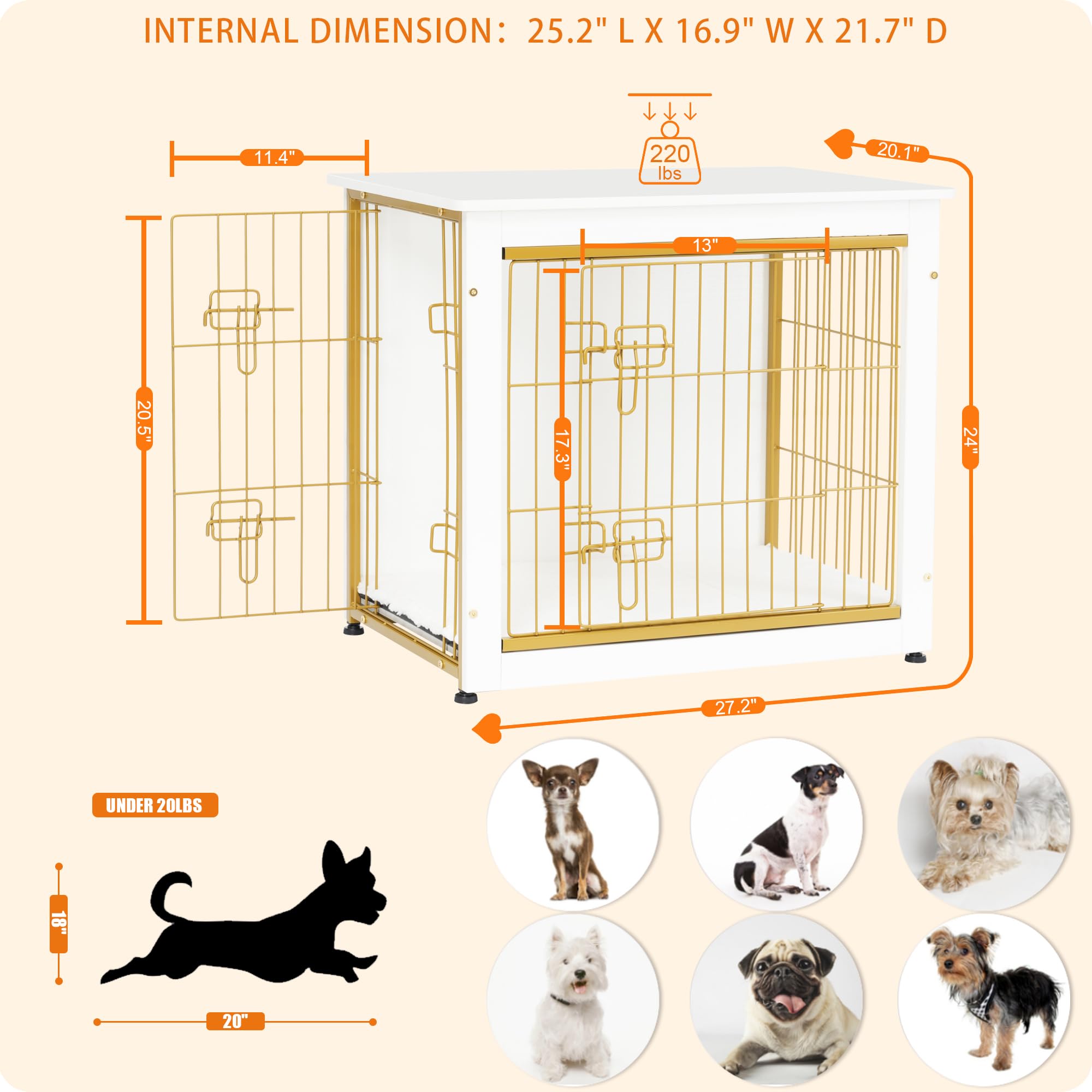 Dwanton Dog Crate Furniture with Cushion — White Wooden Kennel Table, Double Doors, 27.2-inch L