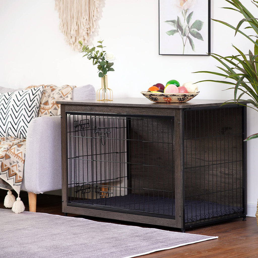 Dwanton Dog Crate Furniture with Cushion — Large 38.5" L Wooden Kennel Table with Double Doors