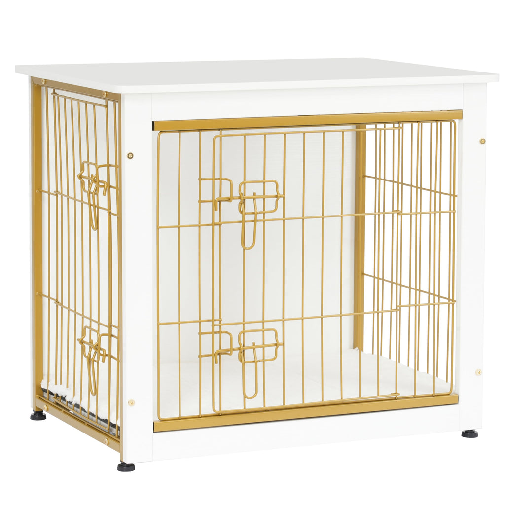 Dwanton Dog Crate Furniture with Cushion — White Wooden Kennel Table, Double Doors, 27.2-inch L