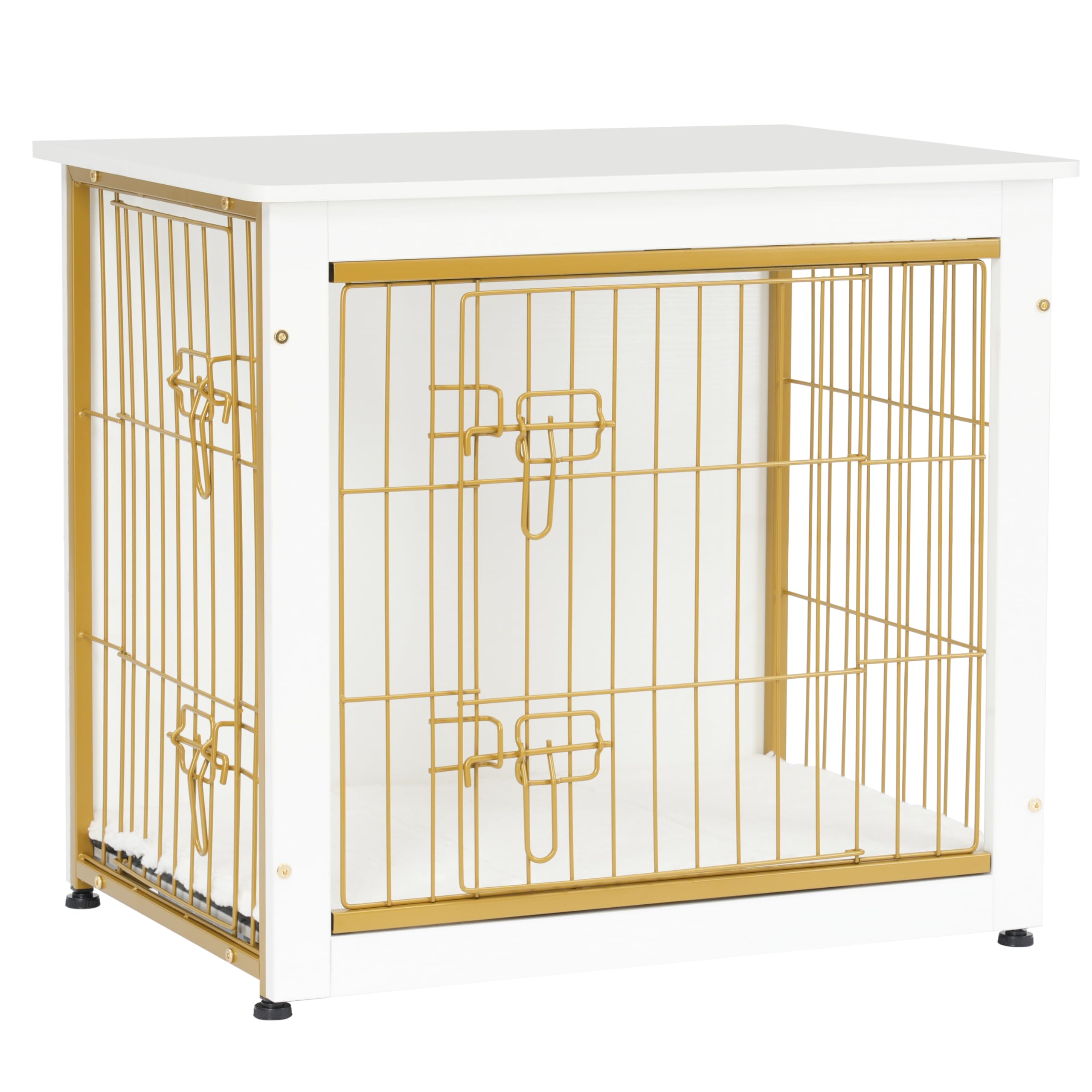 Dwanton Dog Crate Furniture with Cushion — White Wooden Kennel Table, Double Doors, 27.2-inch L