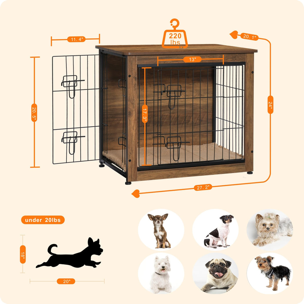 DWANTON Dog Crate Furniture with Cushion – Wooden Kennel Table with Double Doors, Indoor Dog House, 27.2in L, Warm Brown