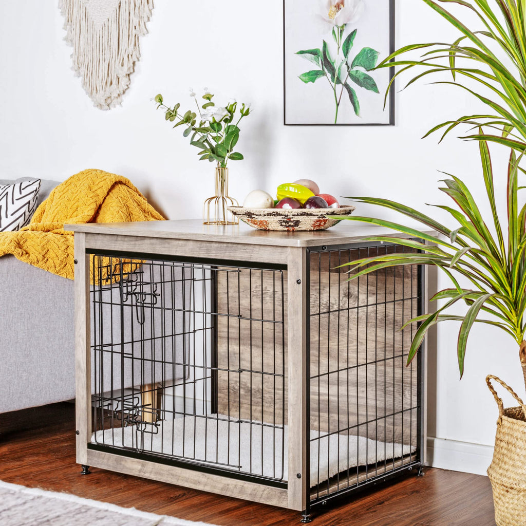 DWANTON Dog Crate Furniture with Cushion | Wooden Kennel Table with Double Doors, Greige, 32.5" L, Medium