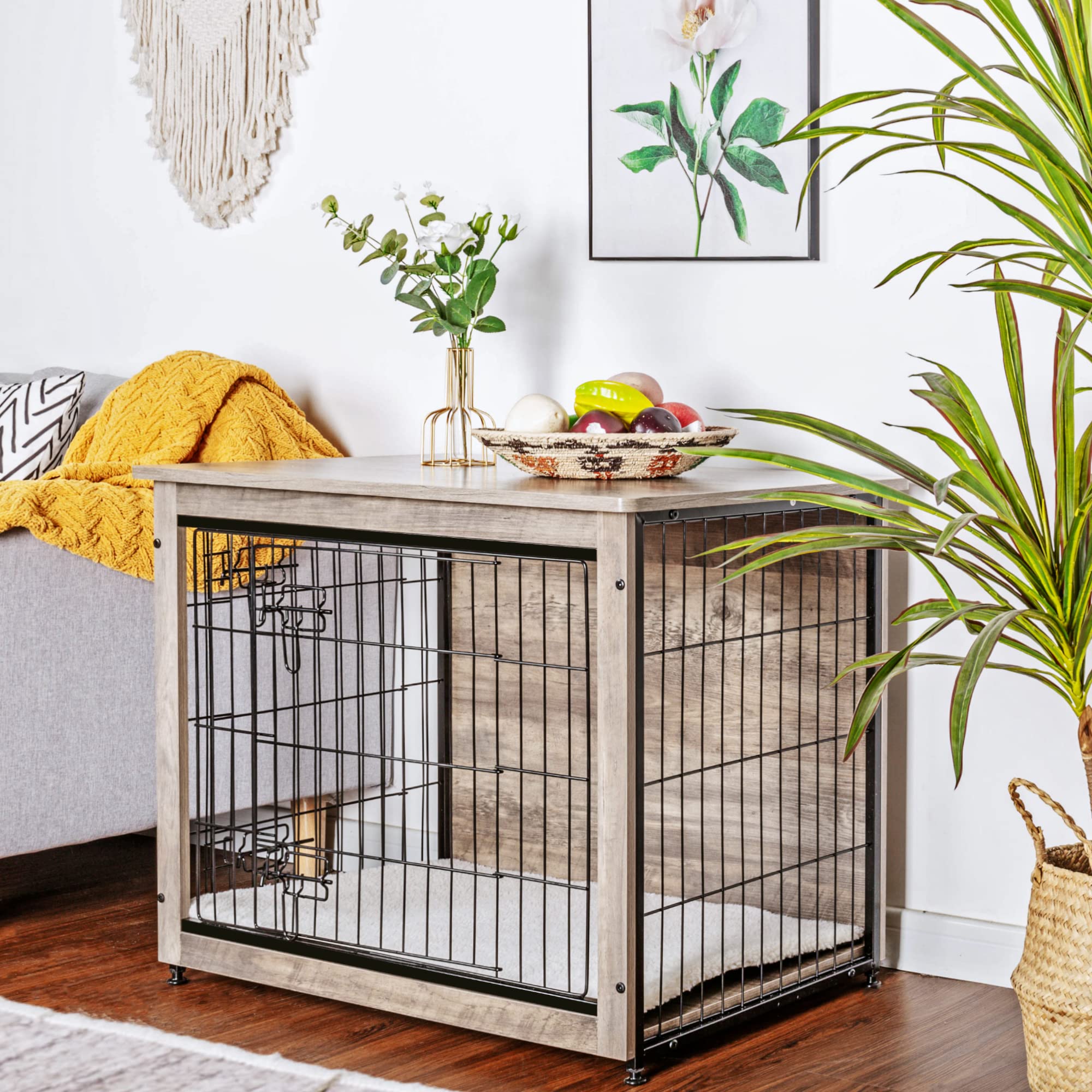 DWANTON Dog Crate Furniture with Cushion | Wooden Kennel Table with Double Doors, Greige, 32.5" L, Medium