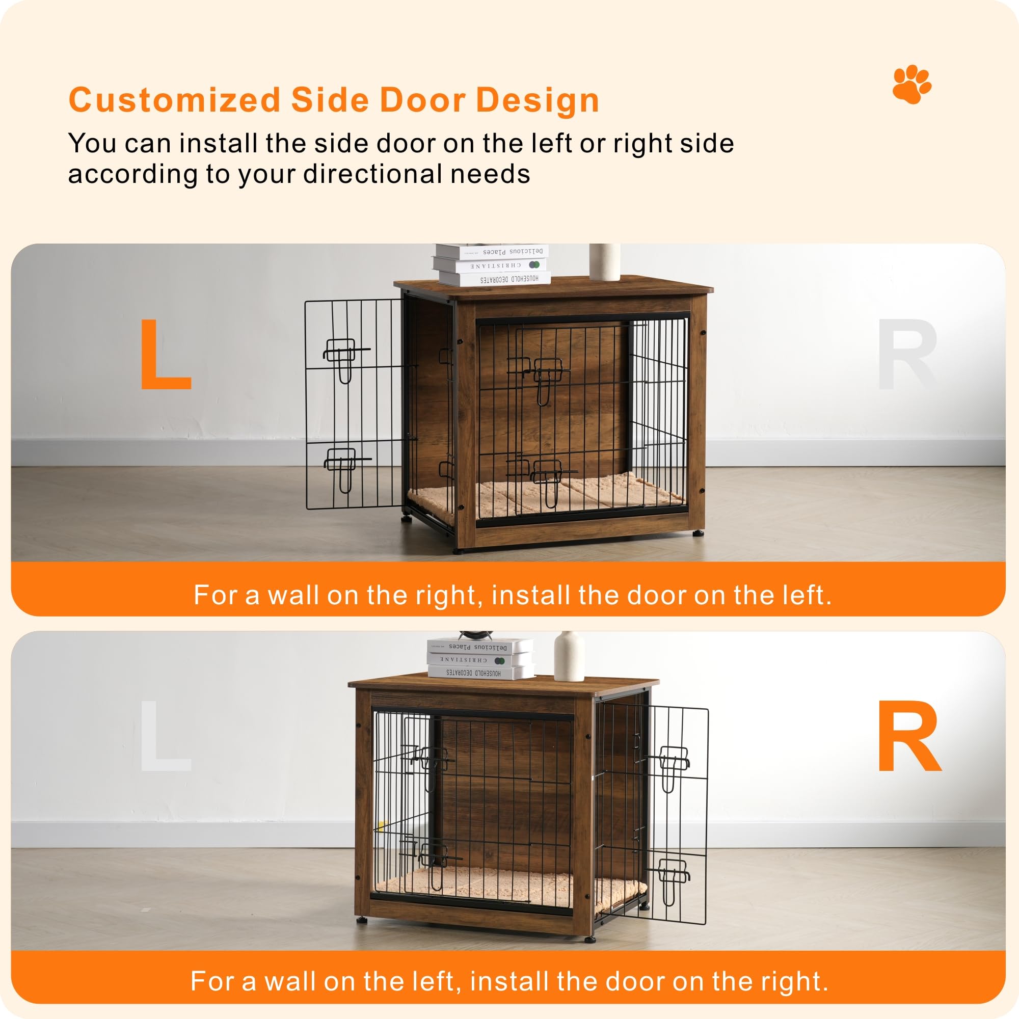 DWANTON Dog Crate Furniture with Cushion – Wooden Kennel Table with Double Doors, Indoor Dog House, 27.2in L, Warm Brown