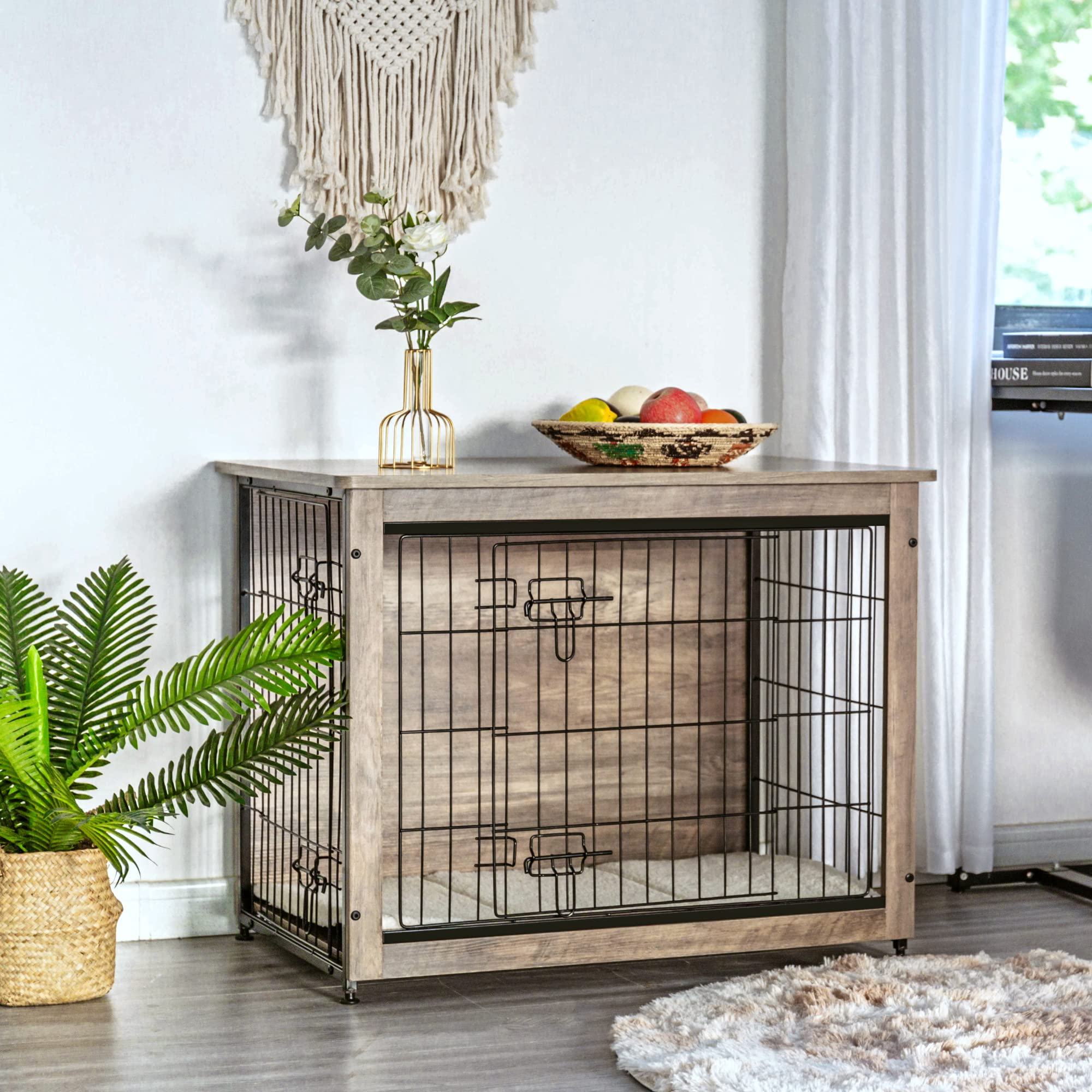DWANTON Dog Crate Furniture with Cushion | Wooden Kennel Table with Double Doors, Greige, 32.5" L, Medium