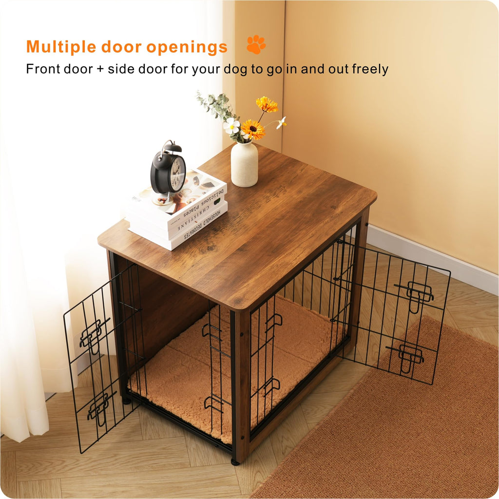 DWANTON Dog Crate Furniture with Cushion – Wooden Kennel Table with Double Doors, Indoor Dog House, 27.2in L, Warm Brown