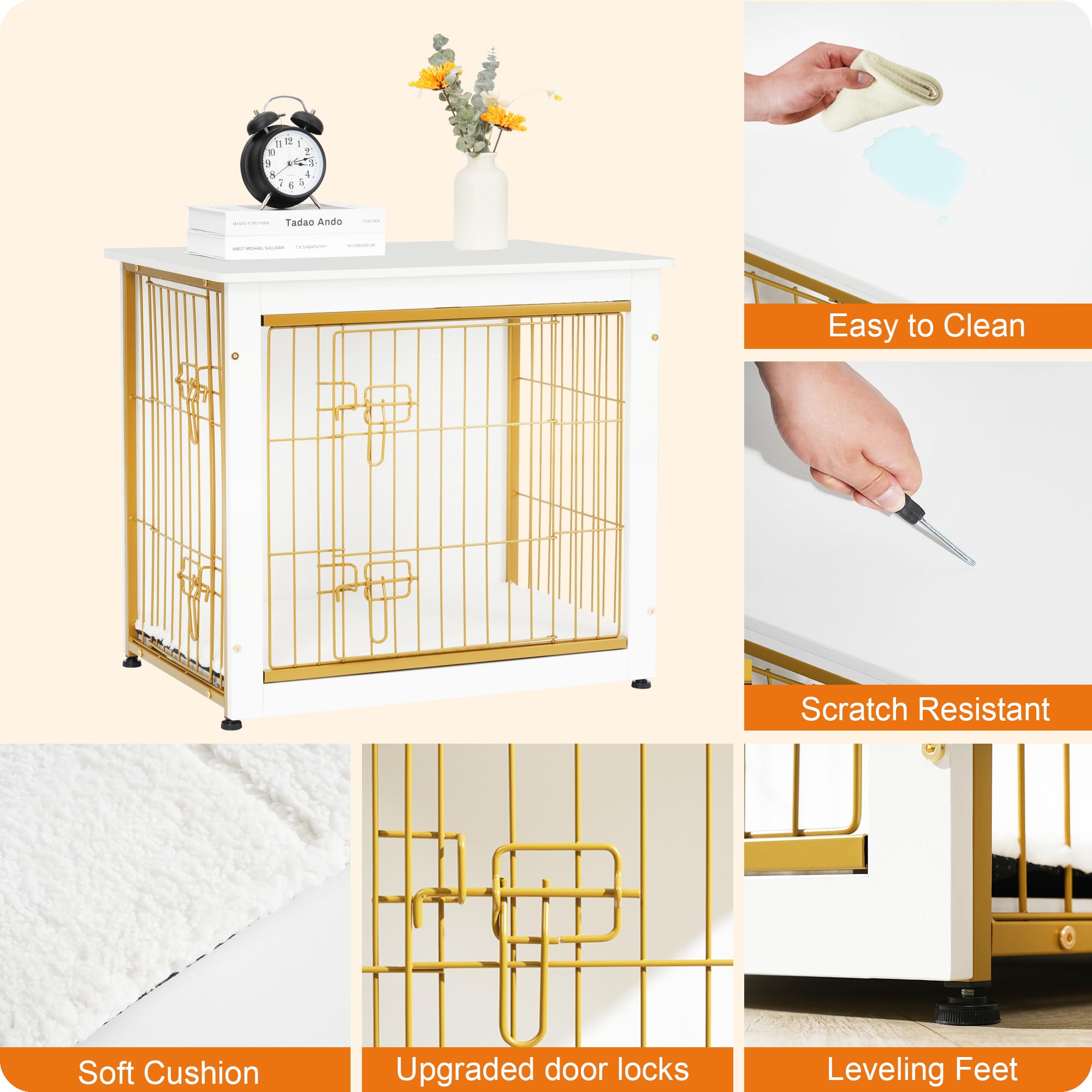 Dwanton Dog Crate Furniture with Cushion — White Wooden Kennel Table, Double Doors, 27.2-inch L