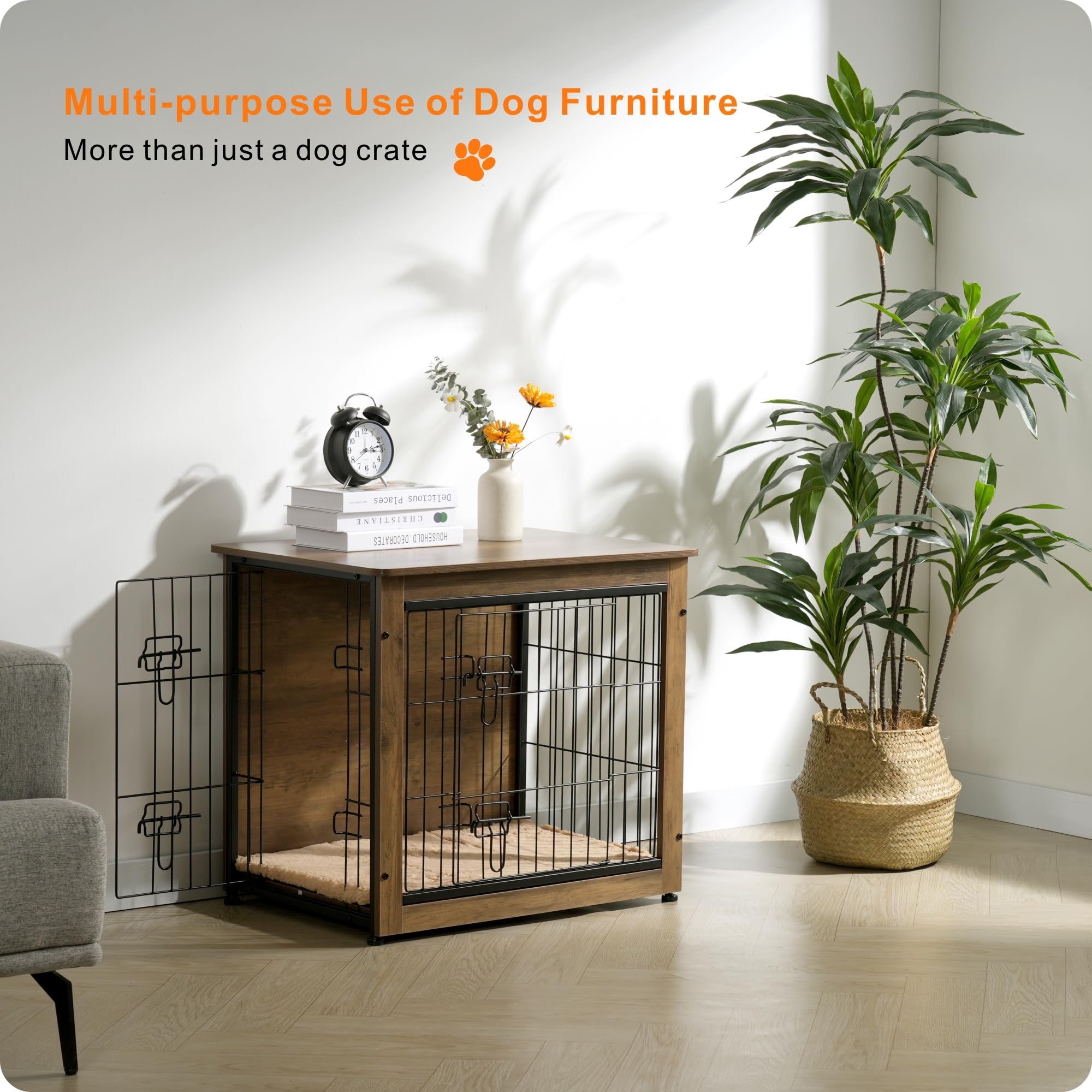 DWANTON Dog Crate Furniture with Cushion – Wooden Kennel Table with Double Doors, Indoor Dog House, 27.2in L, Warm Brown